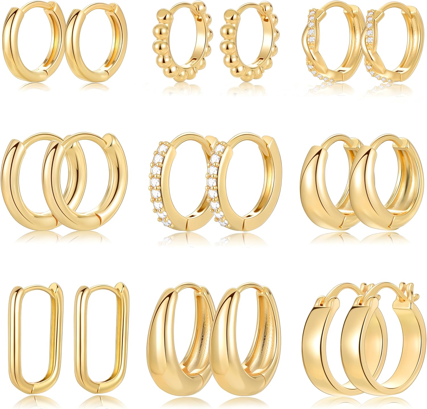 Nine Pairs Gold Finish Hoops